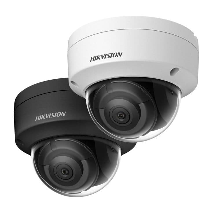 Two Hikvision dome cameras, one white and one black