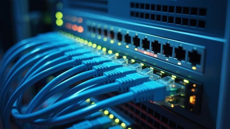 Blue network cables neatly patched into a switch