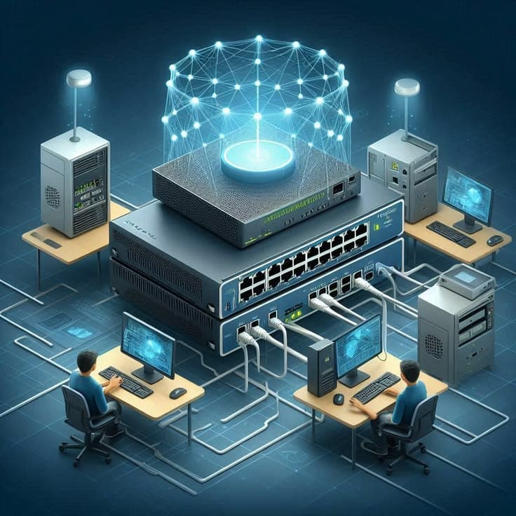 Illustration of a business network: switches, servers and technicians at their stations